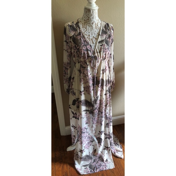 Sand floral print slit long sleeves  maxi dress - Picture 3 of 6